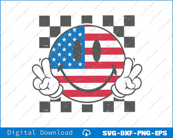 Happy 4th Of July Groovy Smile Face Red White Blue USA Flag SVG PNG Printable File