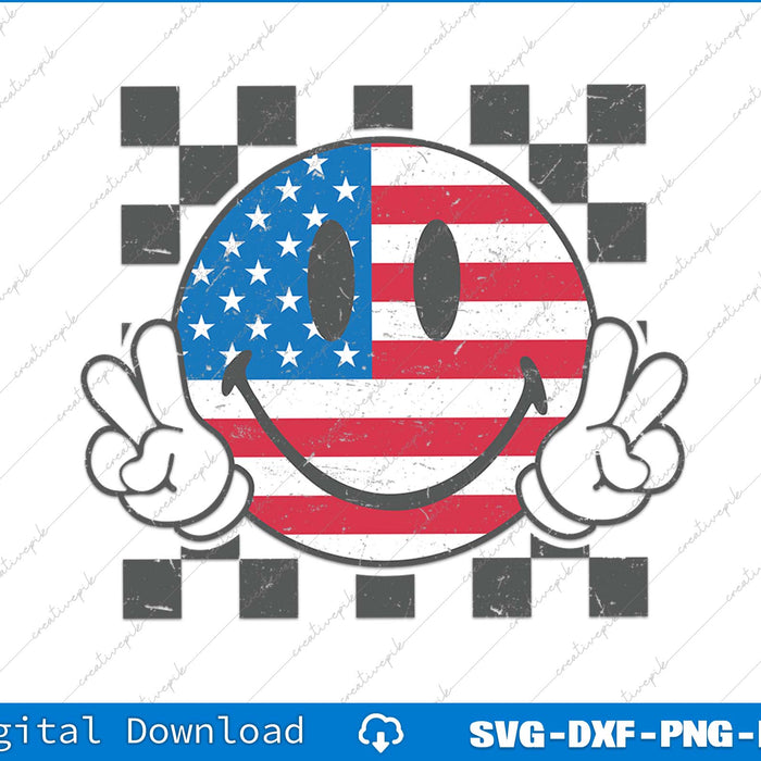 Happy 4th Of July Groovy Smile Face Red White Blue USA Flag SVG PNG Printable File