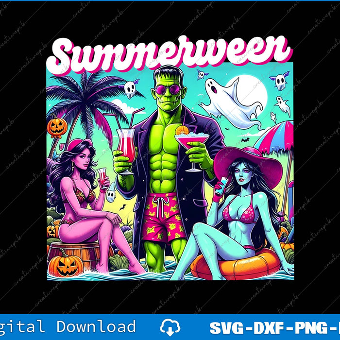 Colorful illustration of a man and two women in swimsuits with a 'Summerween' theme, featuring palm trees and Halloween elements.