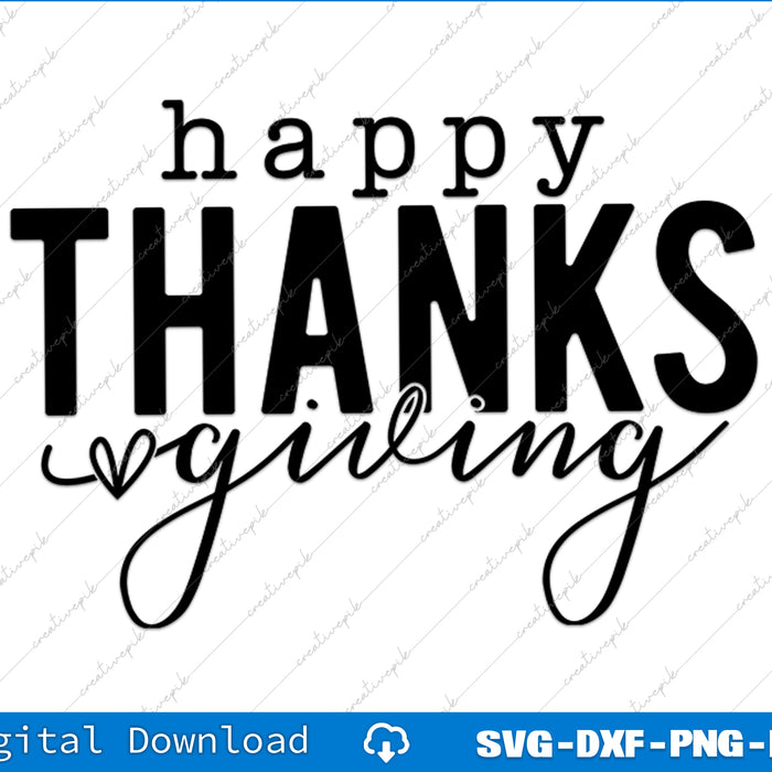 Text 'happy THANKS giving' on a white background with a blue banner at the bottom.