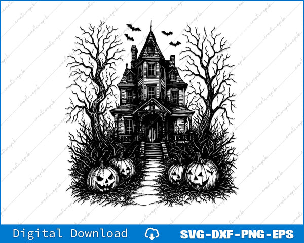 Halloween-themed design with a haunted house, pumpkins, and trees on a white background.