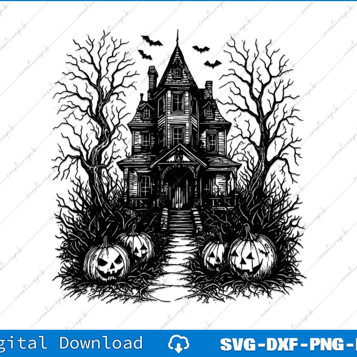 Halloween-themed design with a haunted house, pumpkins, and trees on a white background.