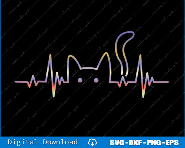 Heartbeat line design with a cat silhouette on a black background, suitable for digital download.