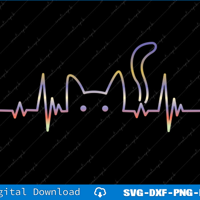 Heartbeat line design with a cat silhouette on a black background, suitable for digital download.