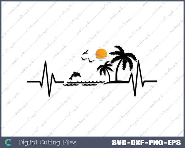 Heartbeat with Tropical Palm Trees Beach Island and Dolphin 