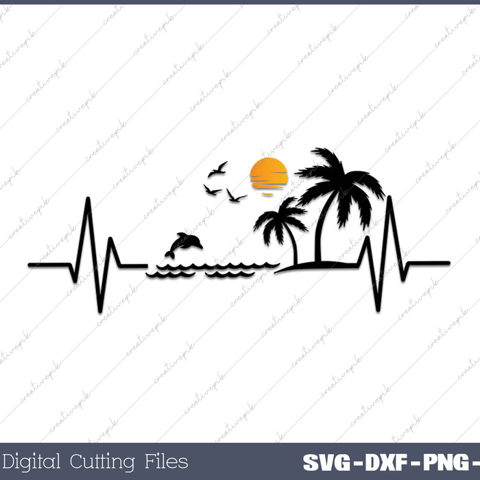 Heartbeat with Tropical Palm Trees Beach Island and Dolphin 