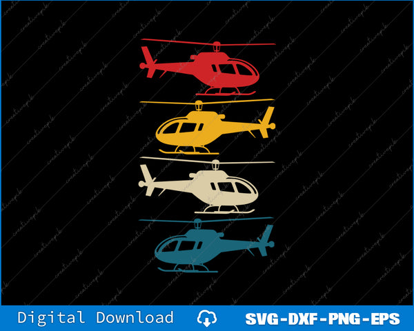 Set of helicopter silhouettes in red, yellow, white, and blue on a black background with digital download text.