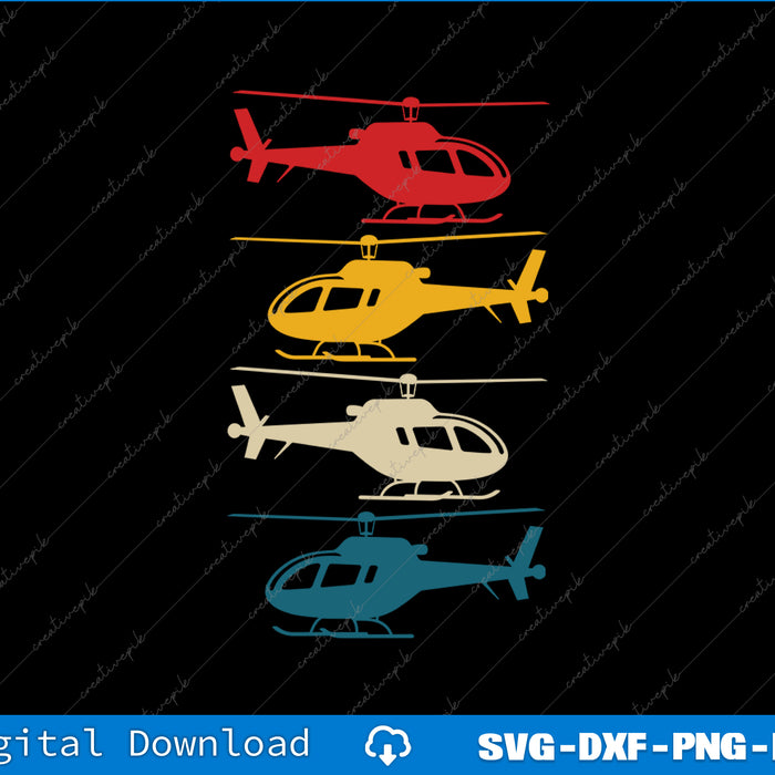 Set of helicopter silhouettes in red, yellow, white, and blue on a black background with digital download text.
