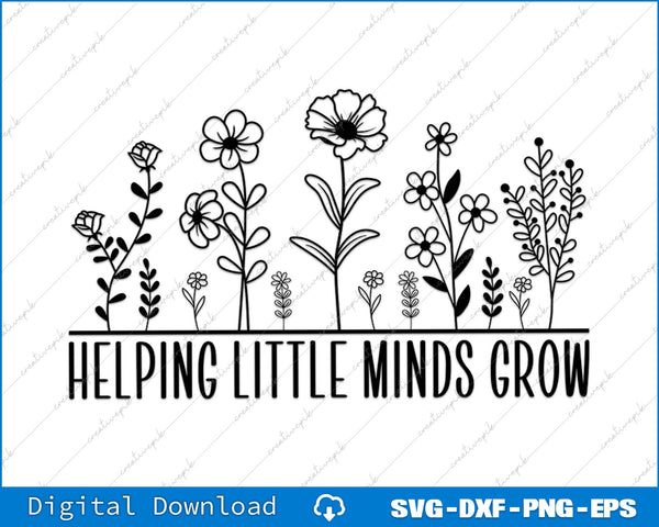 Black floral illustrations with 'Helping Little Minds Grow' text on a white background