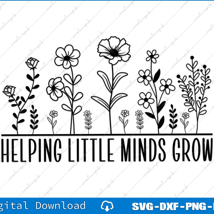 Black floral illustrations with 'Helping Little Minds Grow' text on a white background