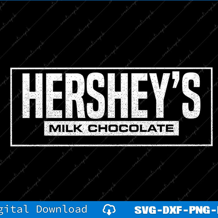 Hershey's Milk Chocolate logo on a black background with digital download options.