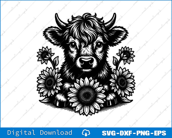 Highland Cow With Sunflowers SVG PNG Cutting Printable File