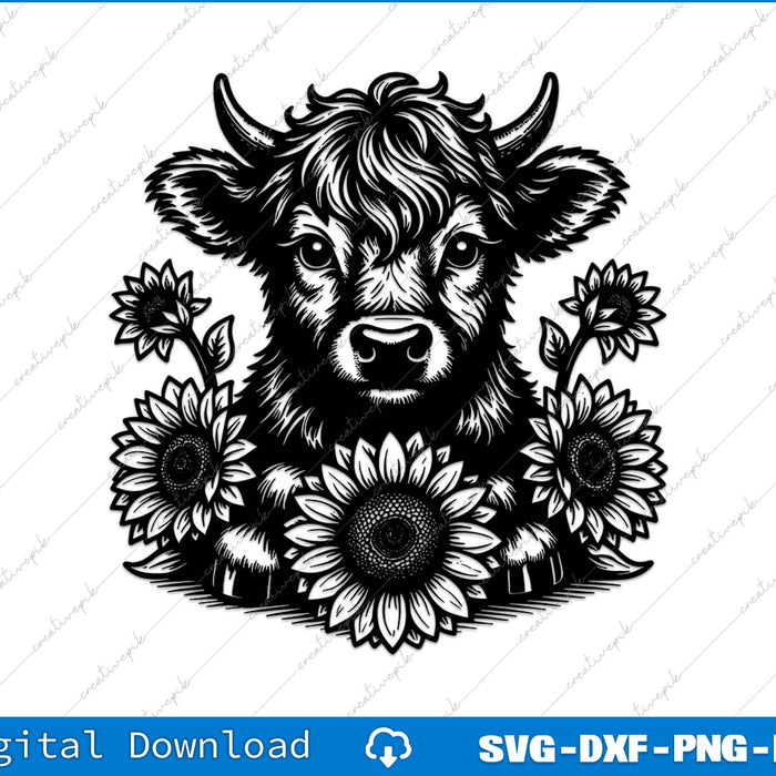 Highland Cow With Sunflowers SVG PNG Cutting Printable File