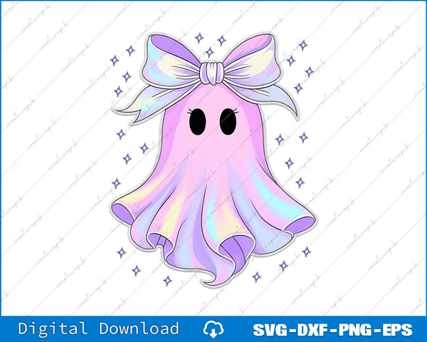 Colorful ghost with a bow on a white background, suitable for digital download.