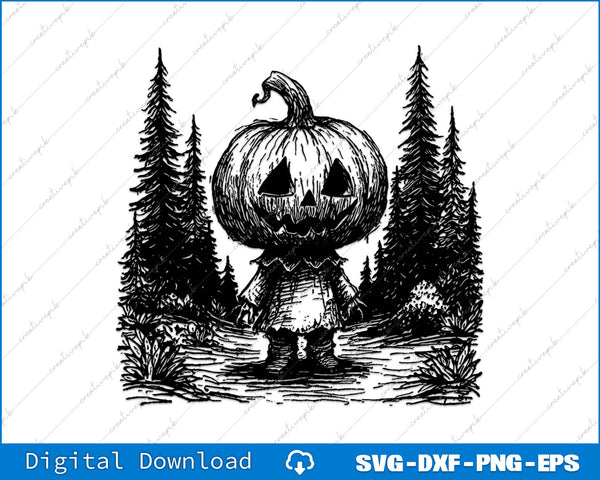 Black and white illustration of a pumpkin person in a forest with trees in the background.