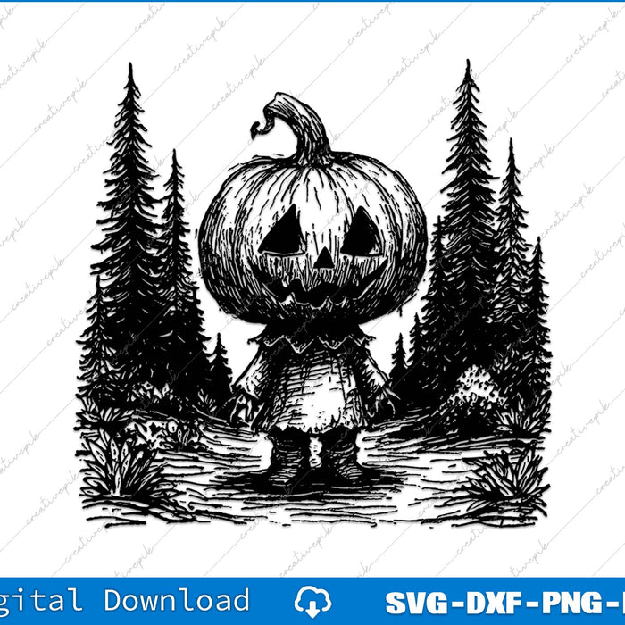 Black and white illustration of a pumpkin person in a forest with trees in the background.