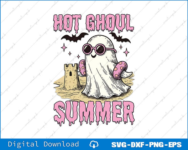 Cartoon ghost with sunglasses and sandcastle, text 'Hot Ghoul Summer' on a white background.