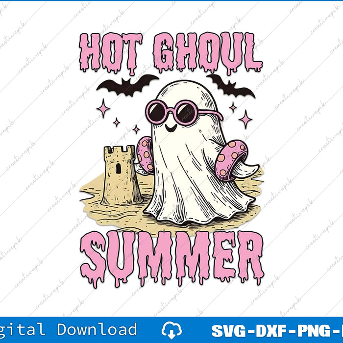 Cartoon ghost with sunglasses and sandcastle, text 'Hot Ghoul Summer' on a white background.
