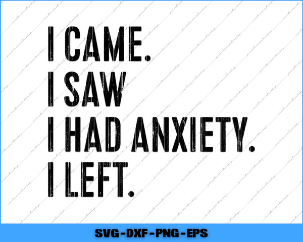 Text 'I CAME. I SAW I HAD ANXIETY. I LEFT.' on a white background with a blue border.