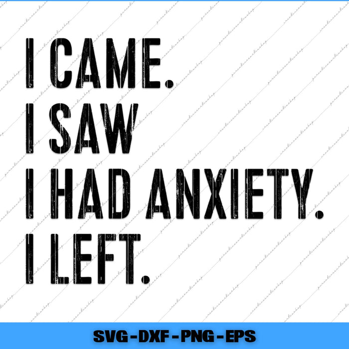 Text 'I CAME. I SAW I HAD ANXIETY. I LEFT.' on a white background with a blue border.