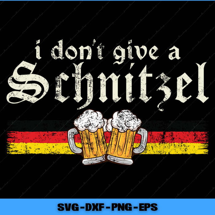 Vintage-style graphic with 'i don't give a schnitzel' text, beer mugs, and German flag on a black background.