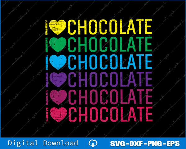 Colorful text 'I love chocolate' with heart symbols on a black background