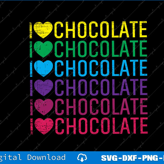 Colorful text 'I love chocolate' with heart symbols on a black background
