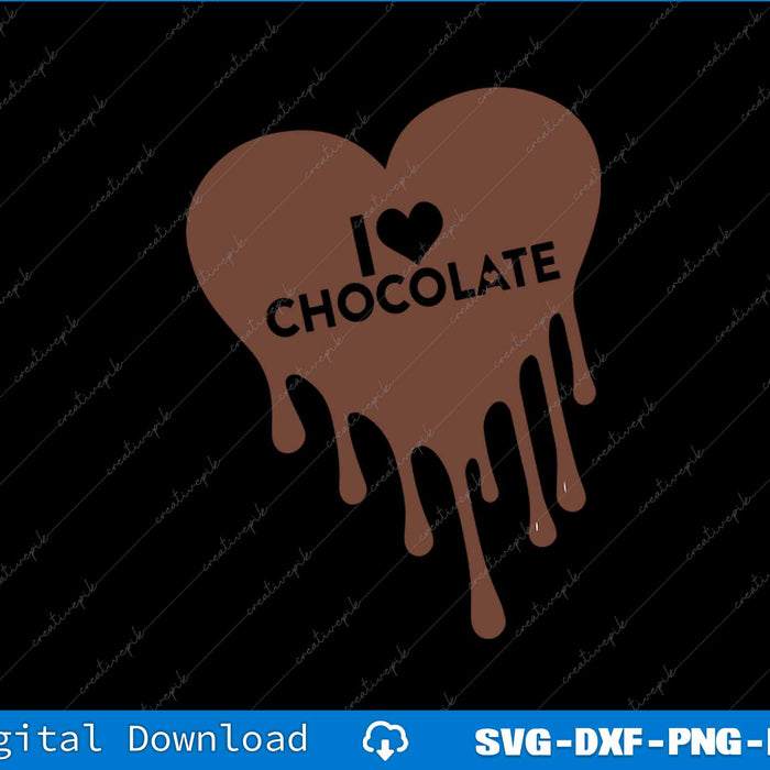 Heart-shaped chocolate design with 'I ❤️ CHOCOLATE' text on a black background