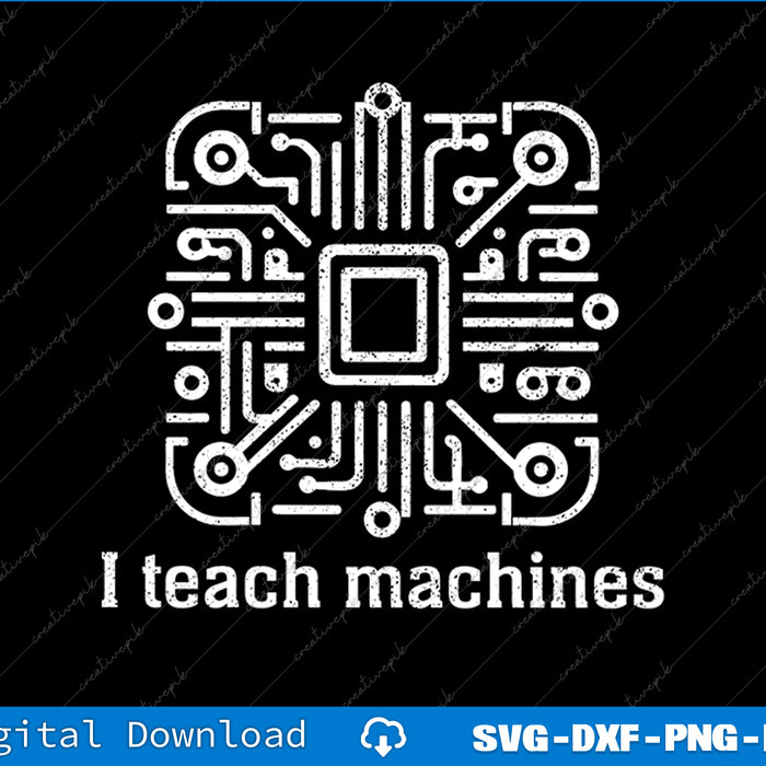 White circuit board design with 'teach machines' text on a black background