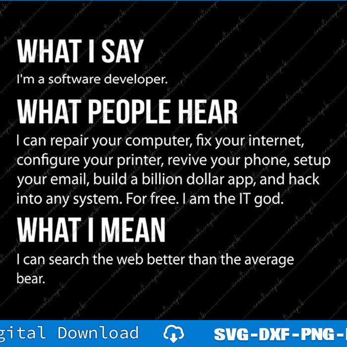 Text graphic with humorous definition of a software developer on a black background.