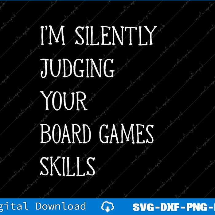Text on a black background with a humorous message about judging board game skills.