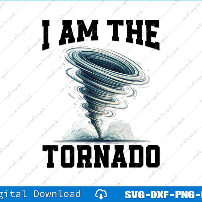 Tornado graphic with 'I AM THE TORNADO' text on a white background