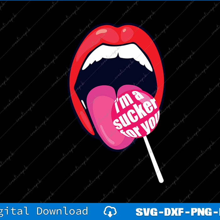 Lollipop with a pink heart and text 'I'm a sucker for you' inside a mouth graphic on a black background.