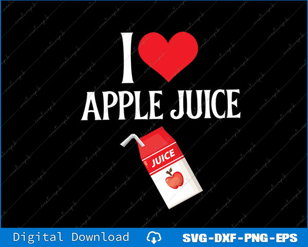 Stylized text 'I ❤️ APPLE JUICE' with a juice box icon on a black background.