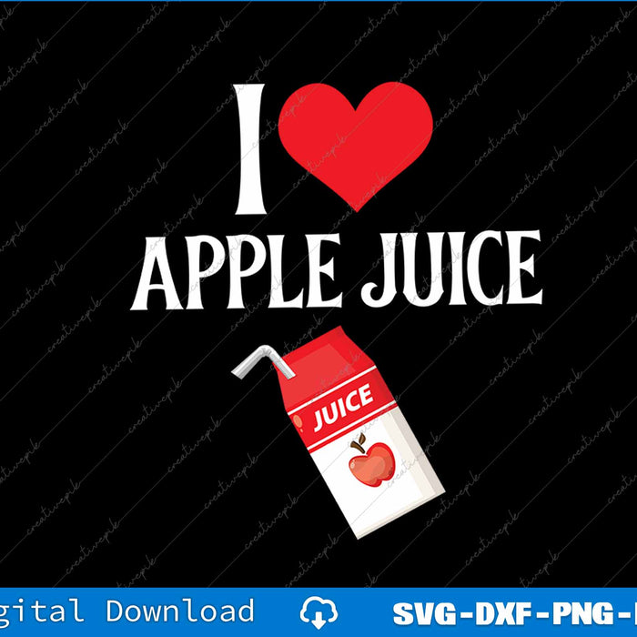 Stylized text 'I ❤️ APPLE JUICE' with a juice box icon on a black background.