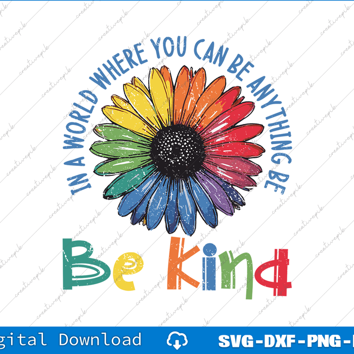 Colorful flower with motivational text 'Be kind' on a white background