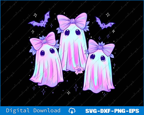 Three colorful ghosts with pink bows on a black background, suitable for digital download.
