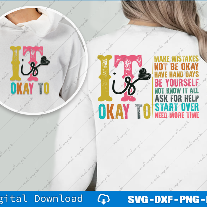 White hoodie with motivational text design on front and back, digital download options displayed.
