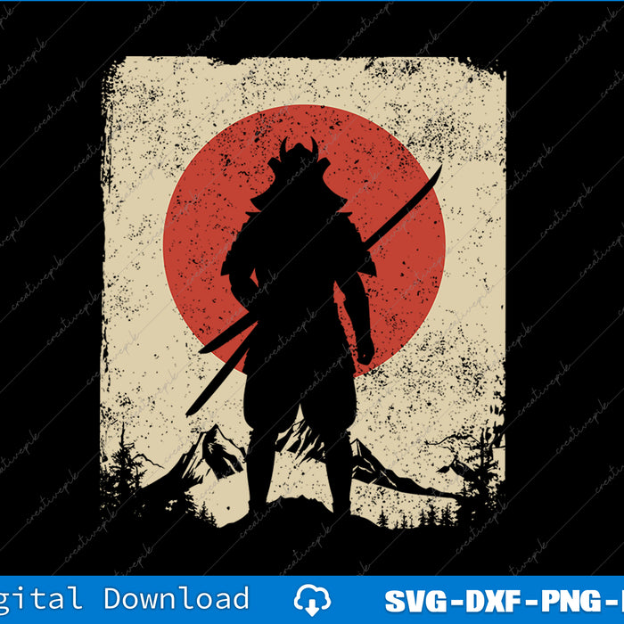 Silhouette of a warrior with a spear against a red sun and mountain background, digital download options shown.