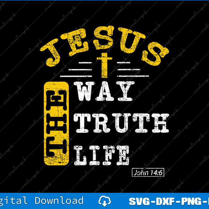 Text design with 'Jesus is the Way, Truth, Life' quote on a black background