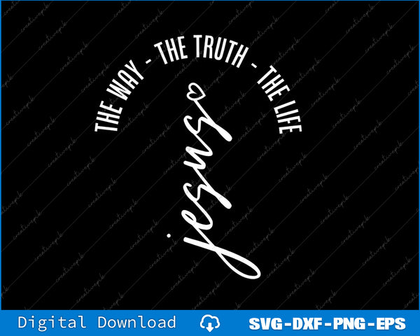 White cross with 'Jesus' and 'The Way, The Truth, The Life' text on a black background