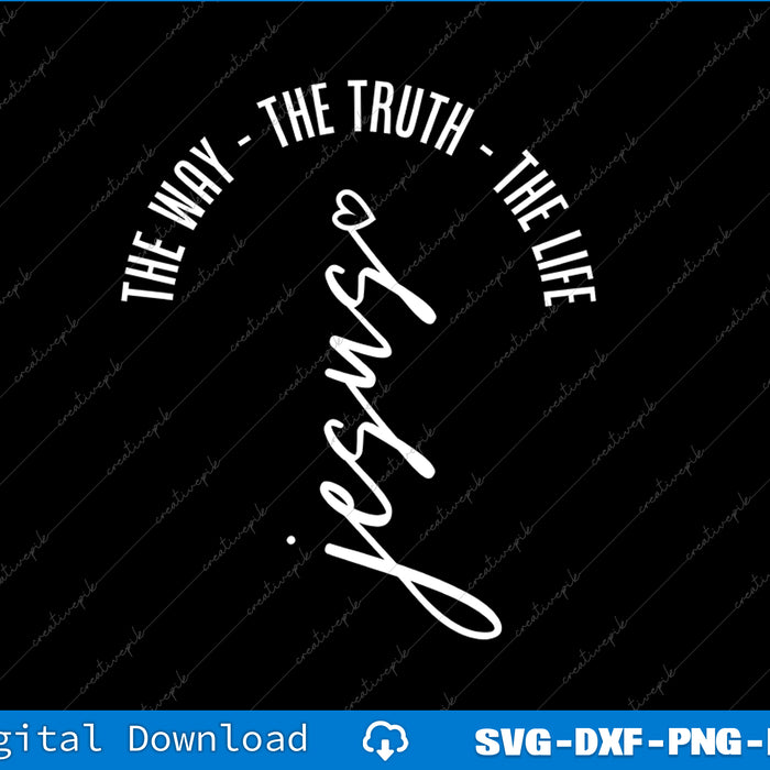 White cross with 'Jesus' and 'The Way, The Truth, The Life' text on a black background