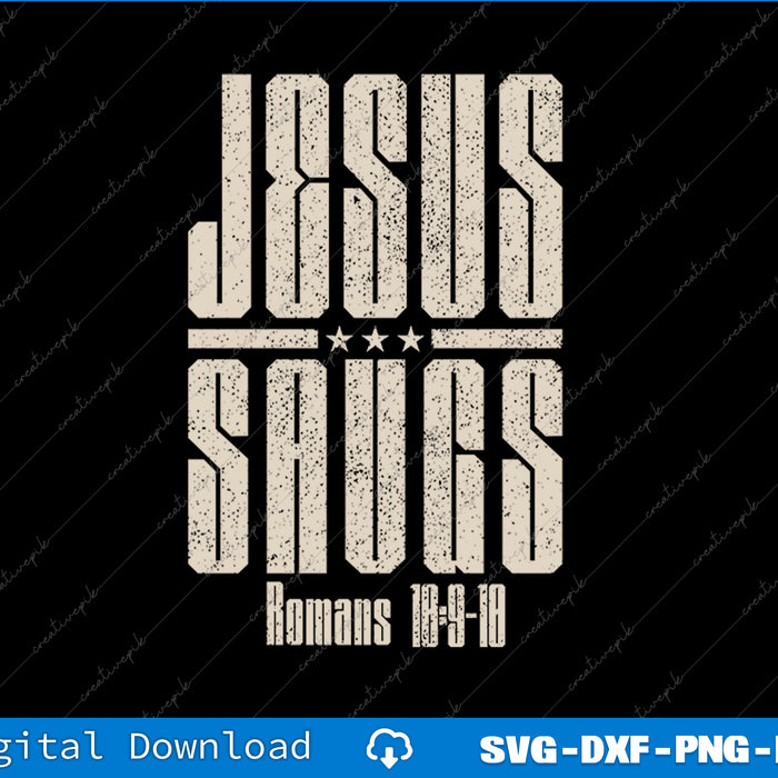 Text design with 'Jesus Saves' and 'Romans 10:13-17' on a black background