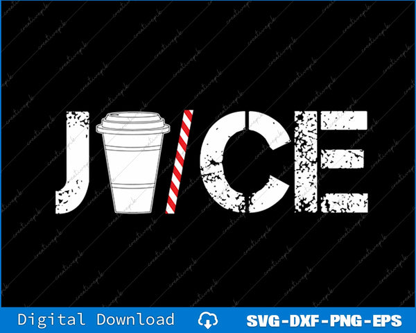 Design with 'JUICE' text, coffee cup, and striped straw on a black background