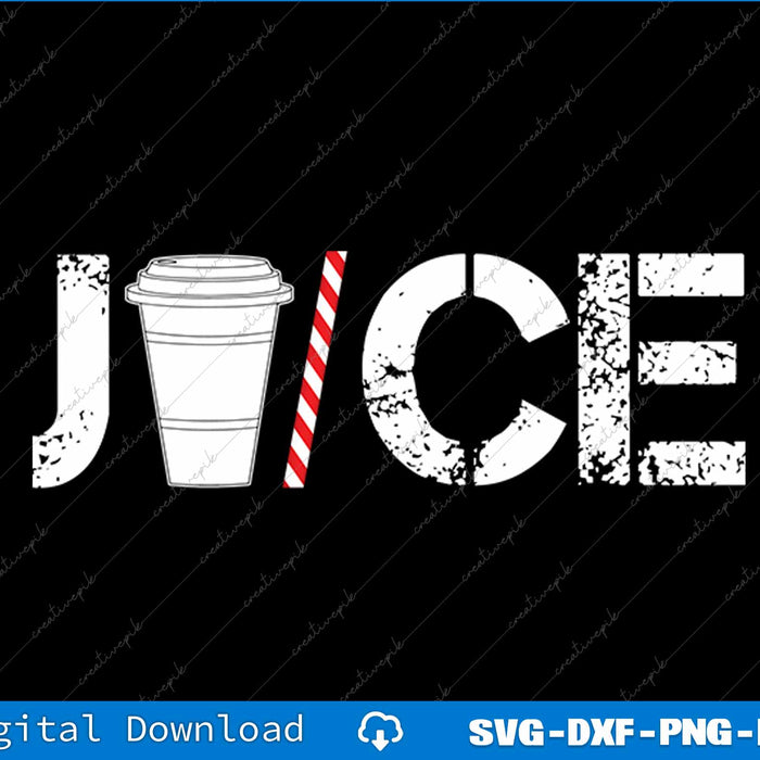 Design with 'JUICE' text, coffee cup, and striped straw on a black background