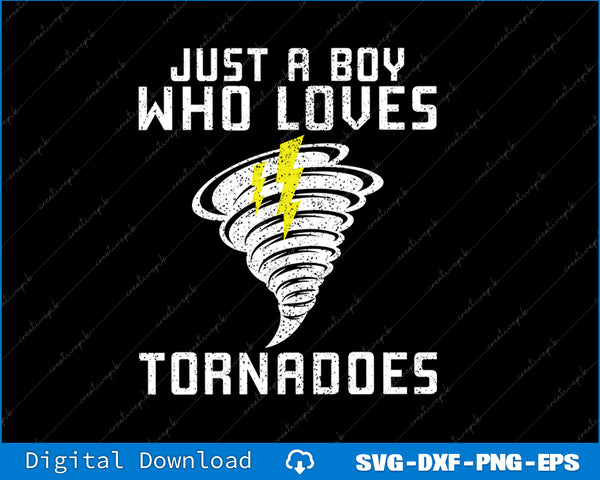 Design with text 'Just a boy who loves tornadoes' and a tornado graphic on a black background.