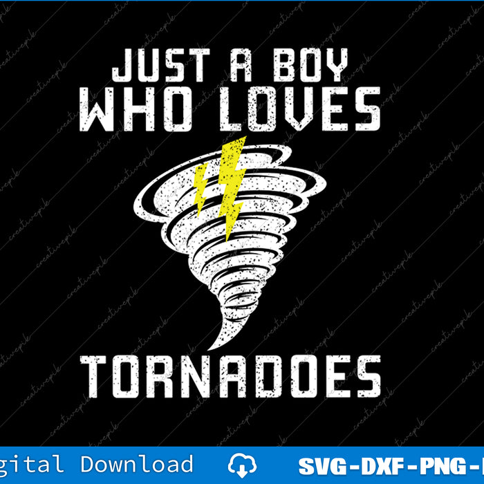 Design with text 'Just a boy who loves tornadoes' and a tornado graphic on a black background.