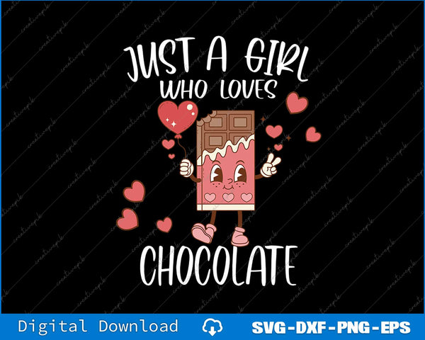 Cartoon chocolate bar character with hearts and text 'Just a girl who loves chocolate' on a black background.