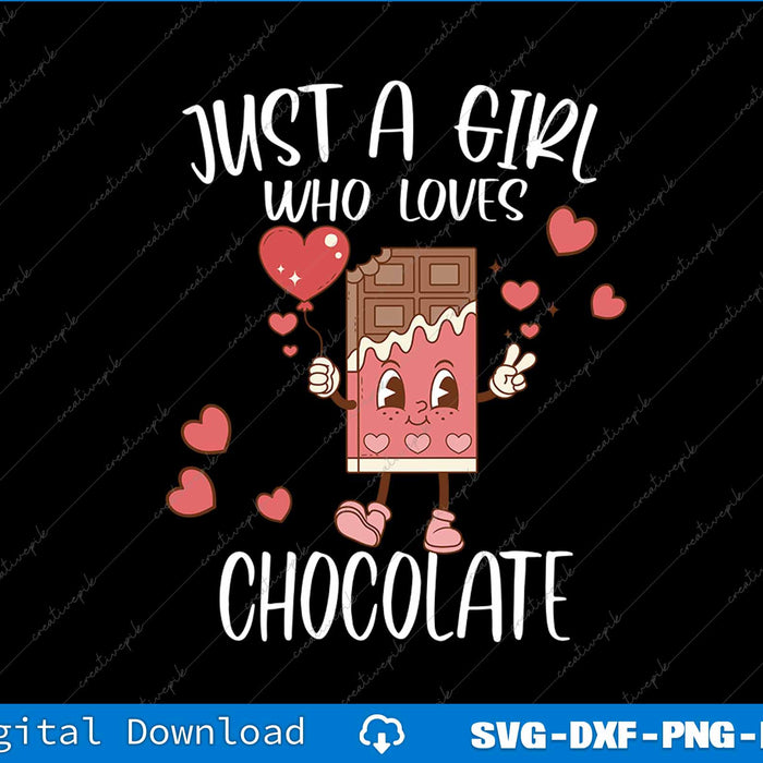 Cartoon chocolate bar character with hearts and text 'Just a girl who loves chocolate' on a black background.