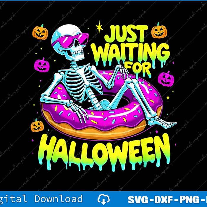 Skeleton on a donut with 'Just Waiting for Halloween' text and pumpkins on a black background